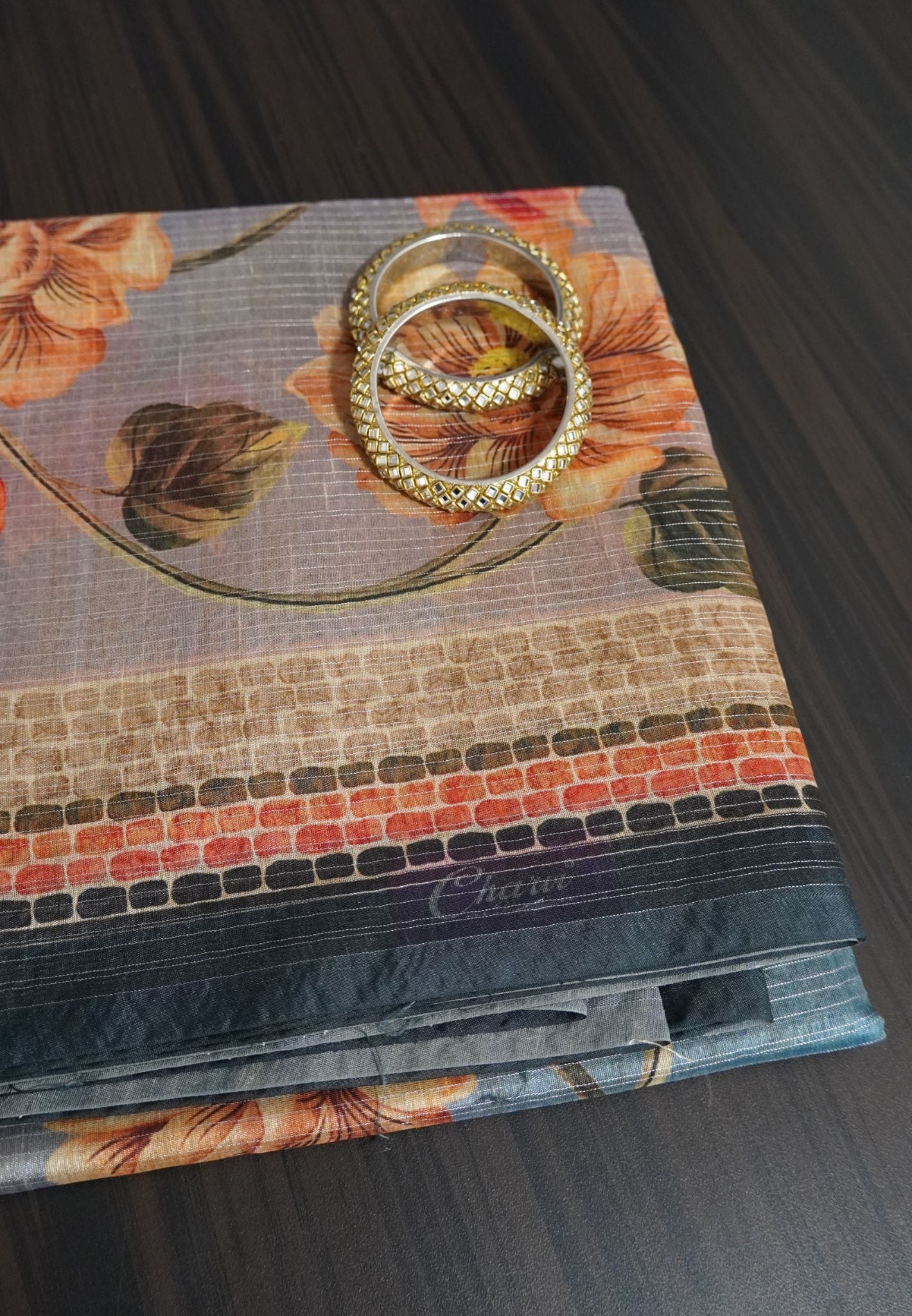 Bhagalpur Tussar  - Floral Pattern Greyish Blue