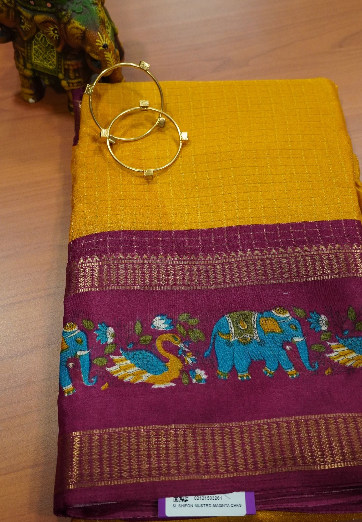 Chiffon Saree - Checks Mustard - Magenta