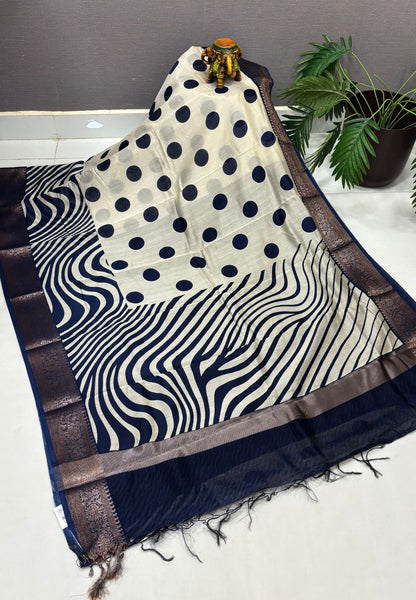 Pure Chanderi Saree-Blue in Circle Pattern Border