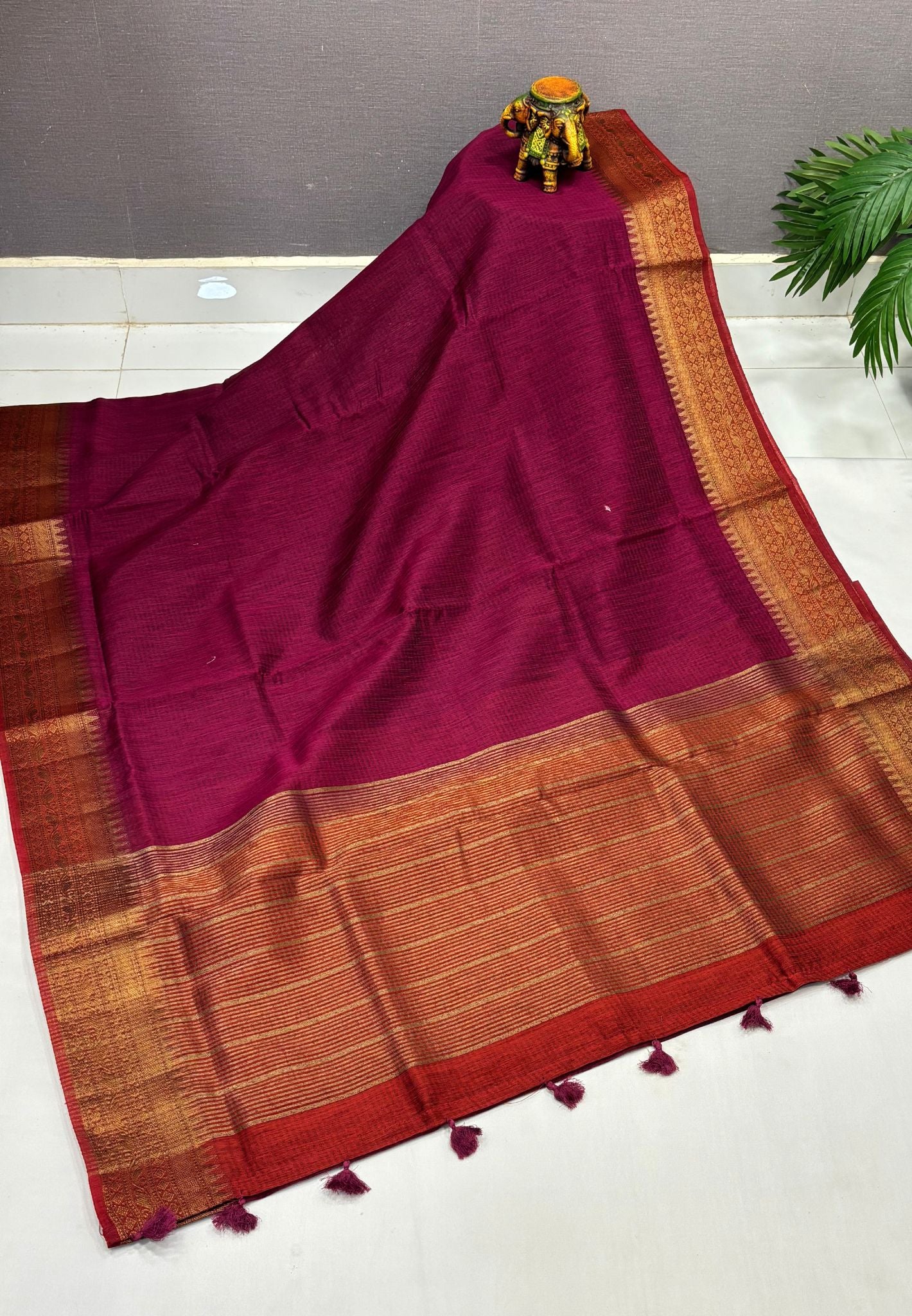 Bamboo Silk Saree-Wine In Checked Zari Stripe Border
