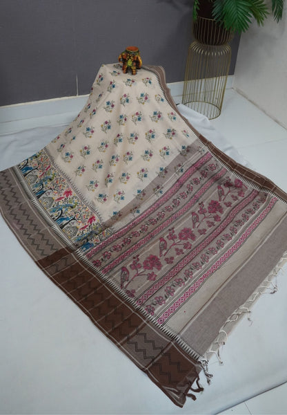 Pure Cotton Saree-Cream with Grey in Peacock Grove Pattern