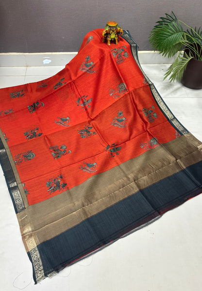 Chanderi Saree-Rust Orange in Traditional Bird Motif Border