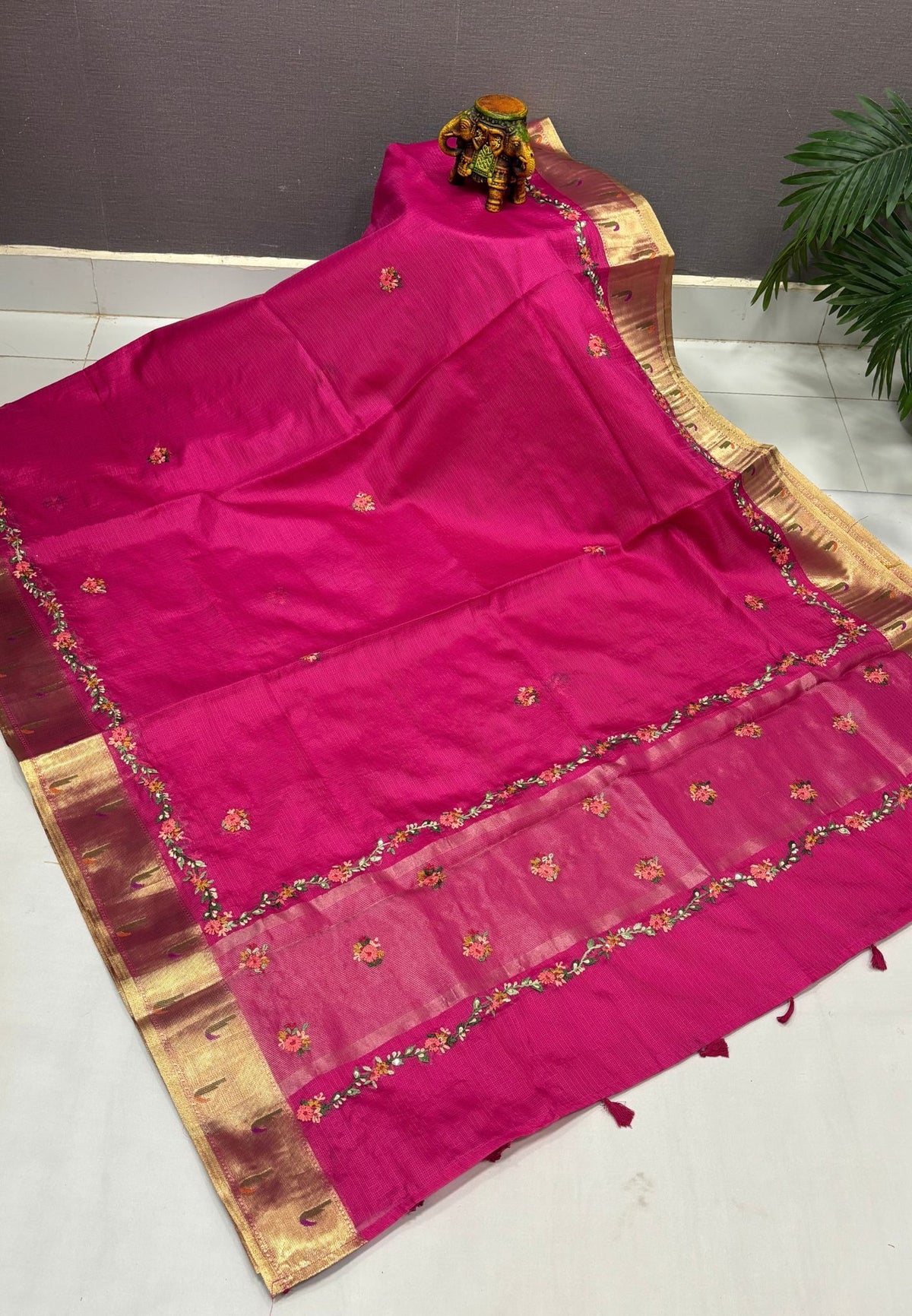 Kota Saree-Rani Pink In Floral Zari Vine Border