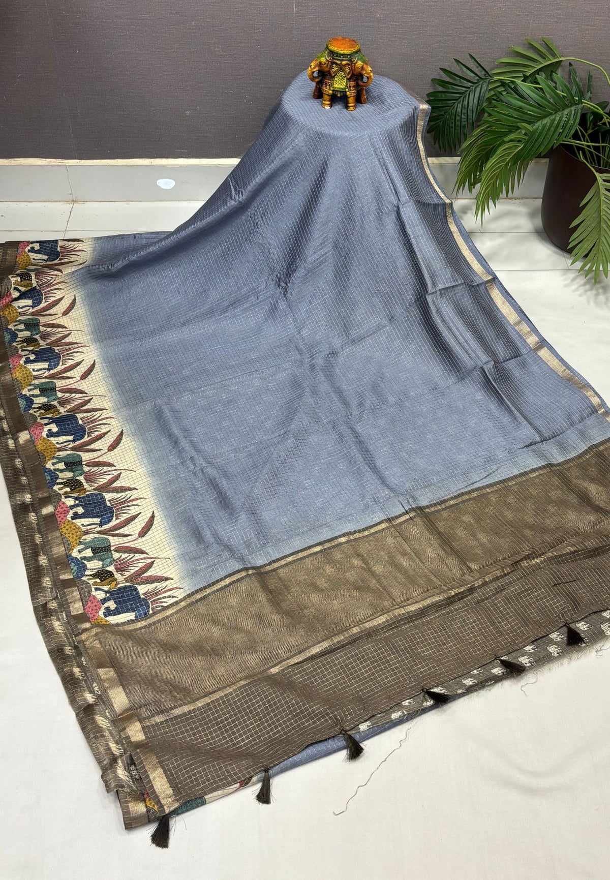 Chanderi Saree-Greyish Blue in Elephant Checks Border