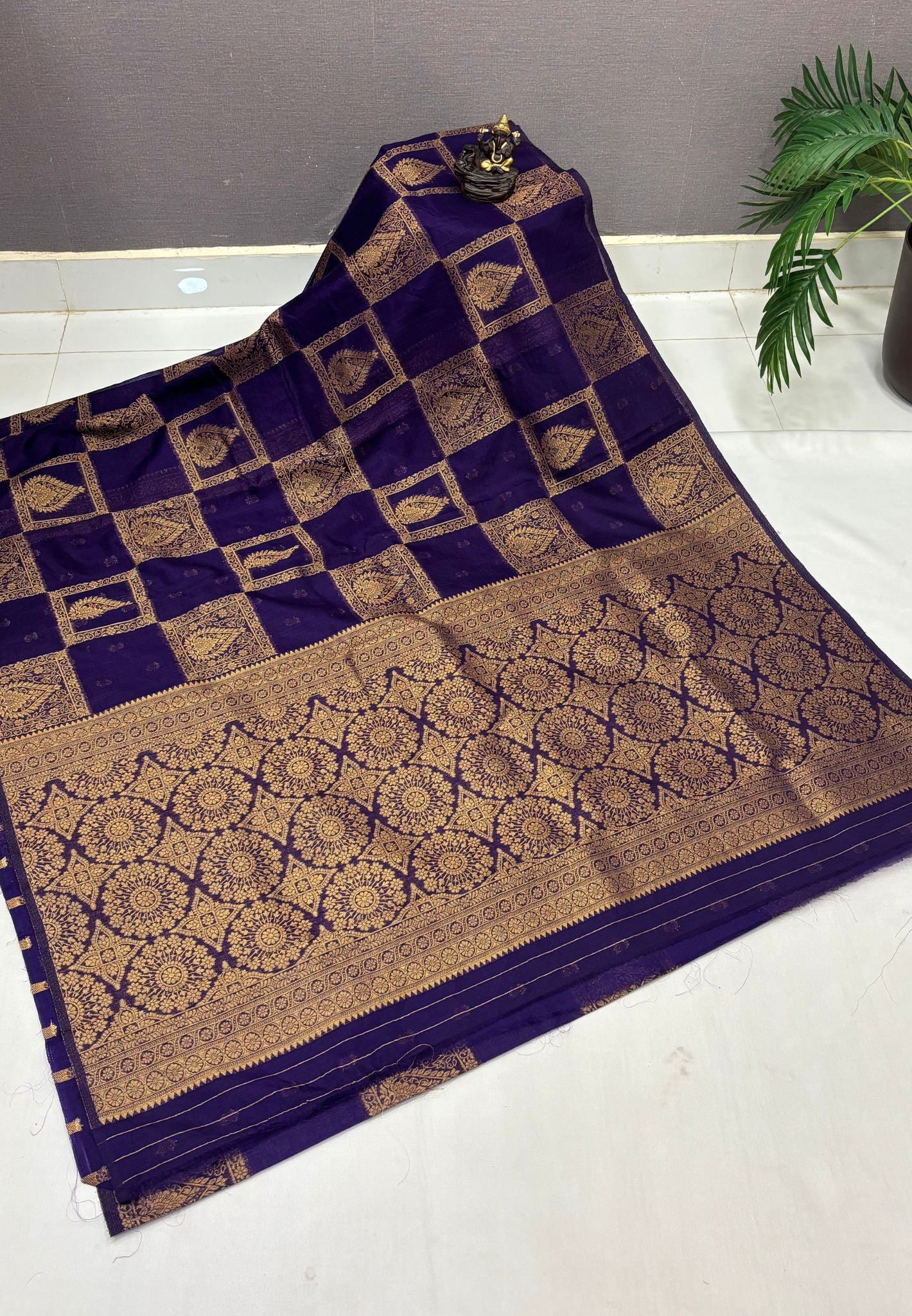 Soft Jute Tussar Saree-Purple In Square Check Zari Border