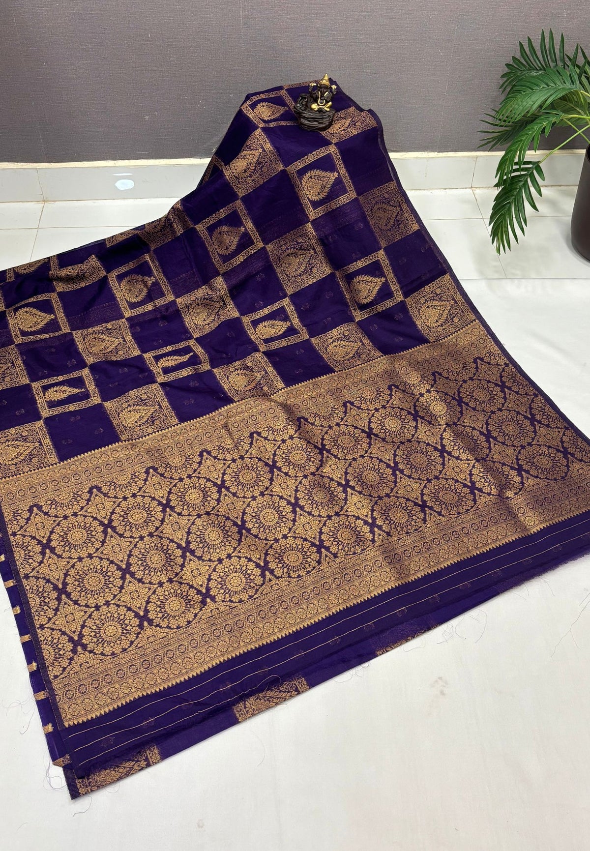 Soft Jute Tussar Saree-Purple In Square Check Zari Border