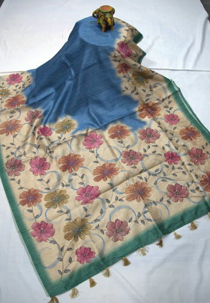 Semi Tussar Saree-Blue with Kantha Work
