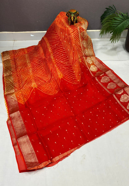 Pure Organza Tussar Saree-Orange In Paisley Leaf Zari Border With Partly Pallu