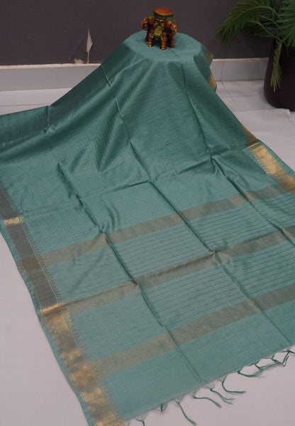 Semi Bhagalpur Tussar Saree-Zari Dots Sea Blue
