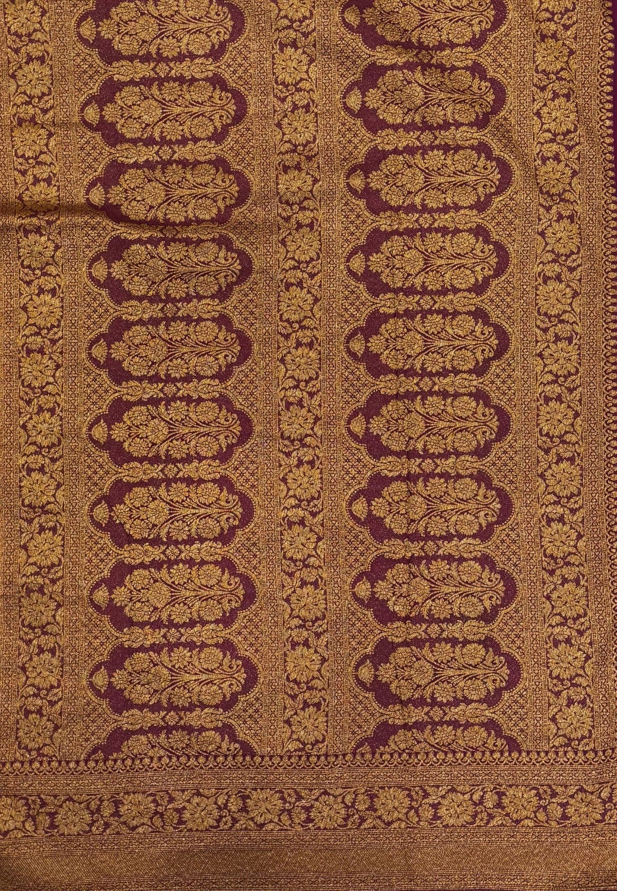 Banarasi Crepe Saree-Sandal In Square Check Brocade With Contrast Border