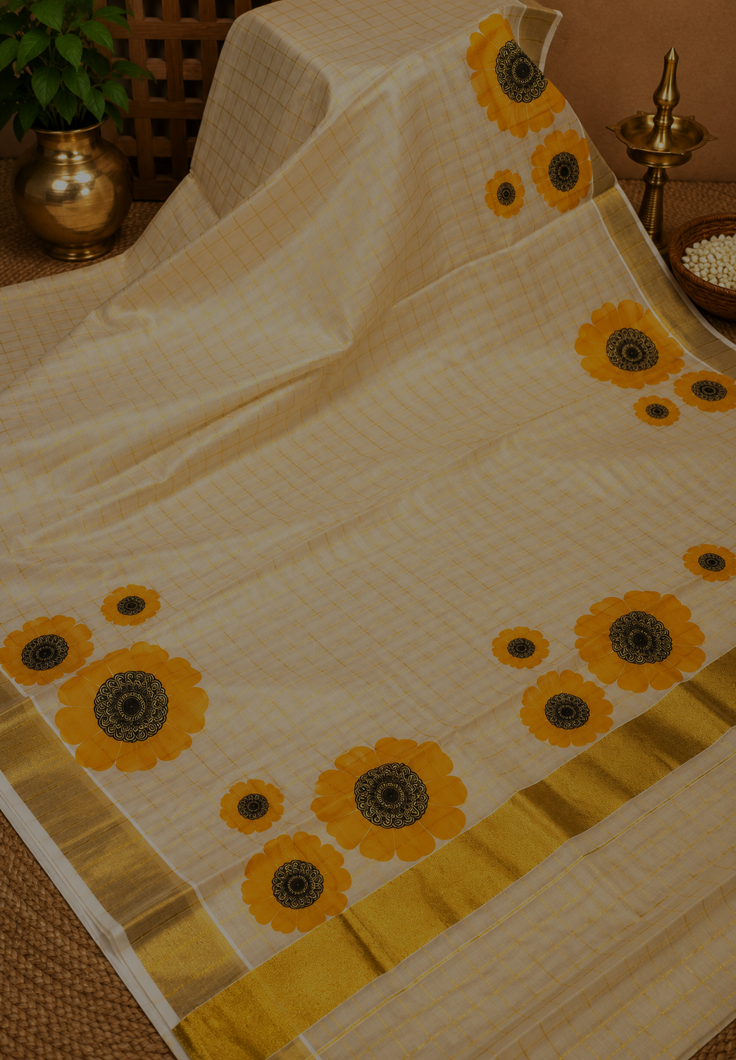 Tissue Saree – Sandal with Golden Checks and Orange Floral Print