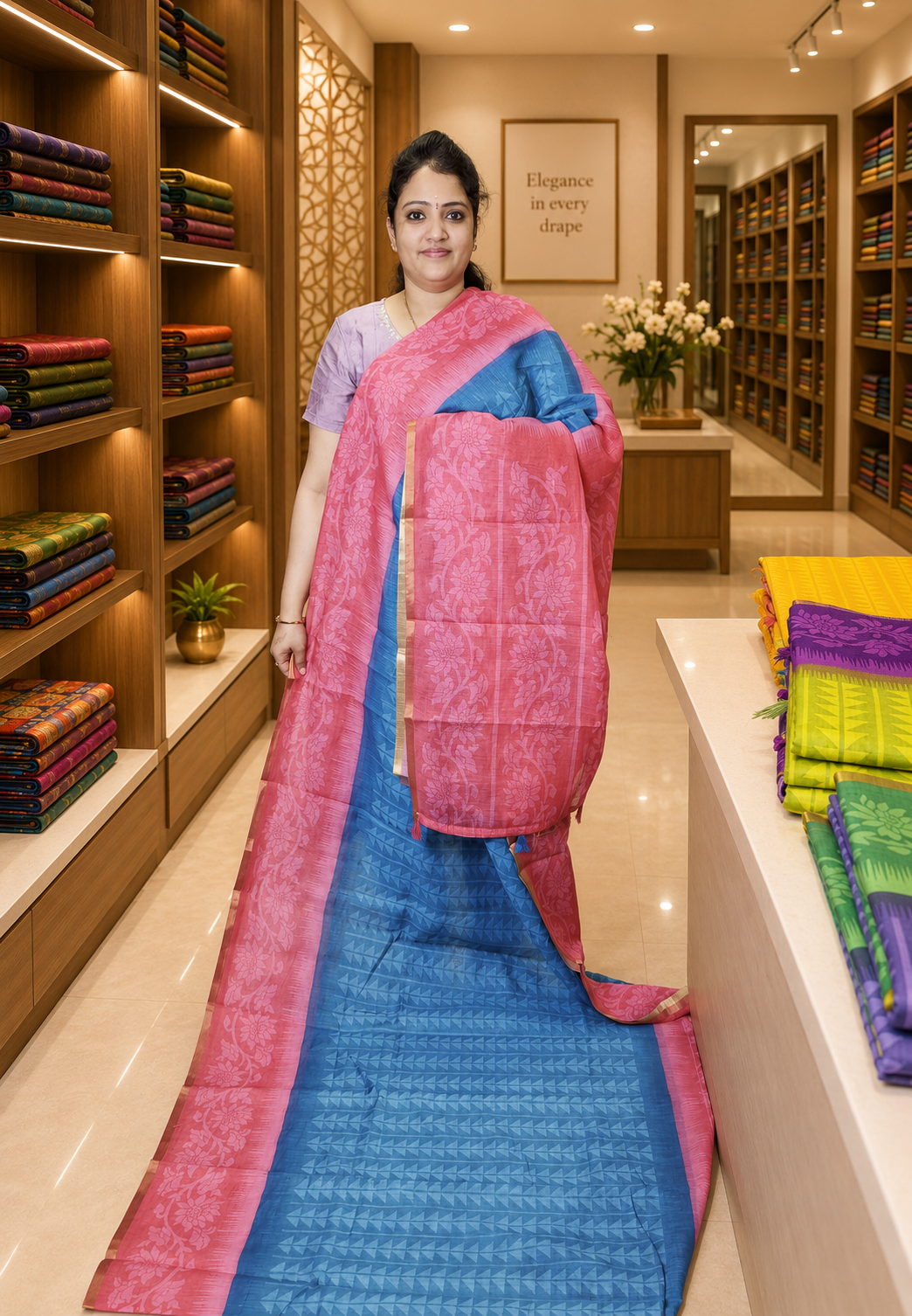 Linen Saree-Peacok Green-Pink with Abstract Pattern