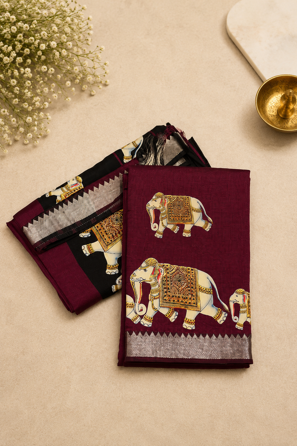 Pure Mangalgiri Silk 2Pc Salwar Material-Wine with Tanjore Print