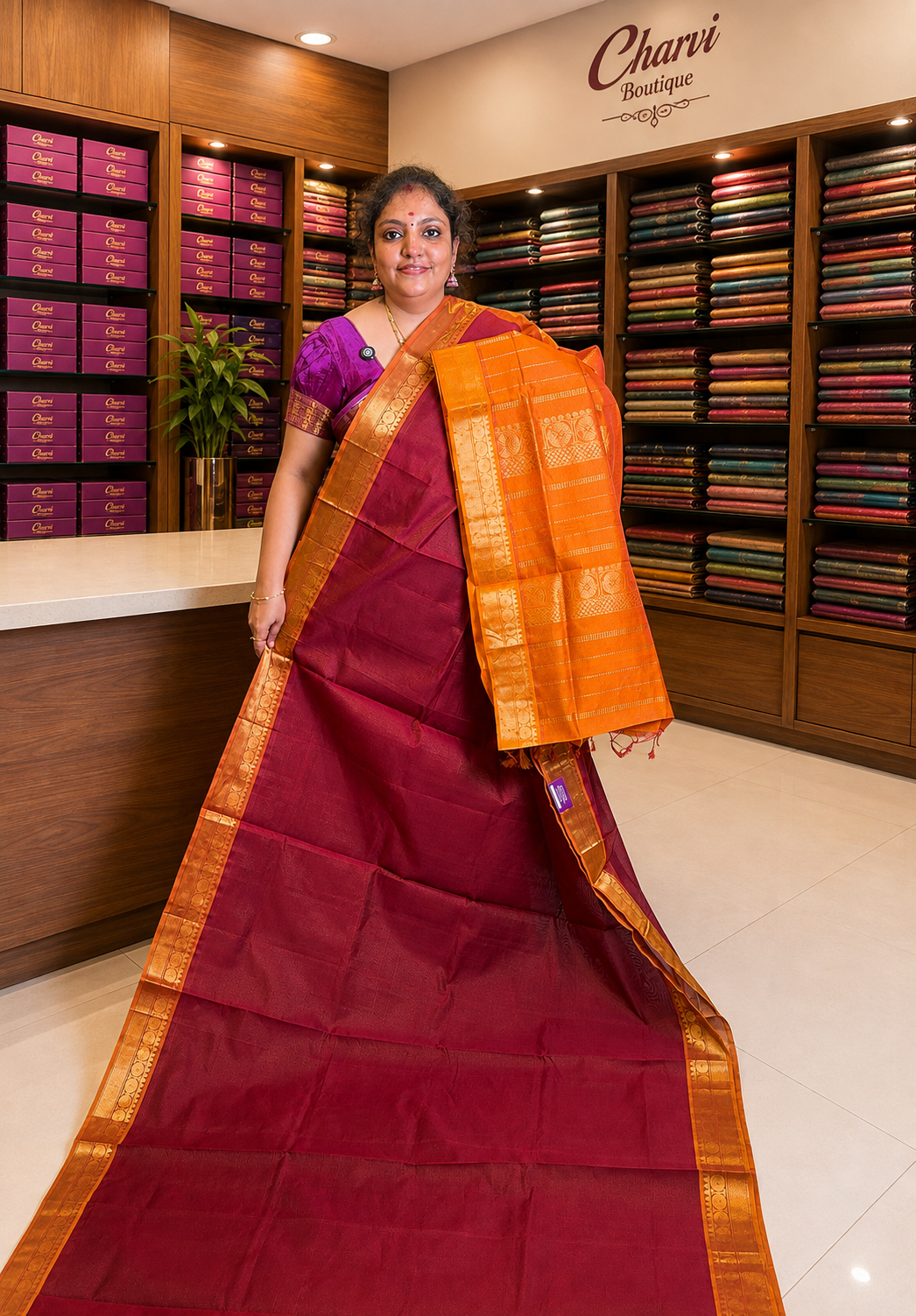 Silk Cotton Saree-Maroon with Contrast Border in Vairaoosi Pattern