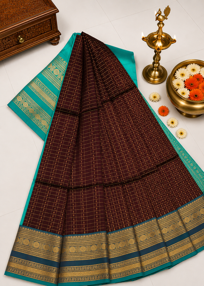 Pure Silk Cotton Saree-Coffee Brown in Zari Checks with Contrast Border