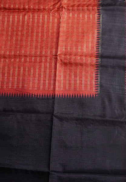 Semi Matka Tussar Saree-Red with Contrast Border and Zari Checks