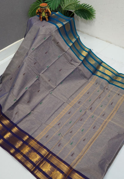 Kanchi Cotton Saree-Greyish Purple With Ganga Jamuna Zari Border