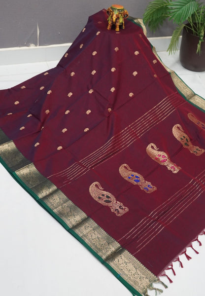 Chettinadu Cotton Saree-Maroon with Contrast Gaja Border