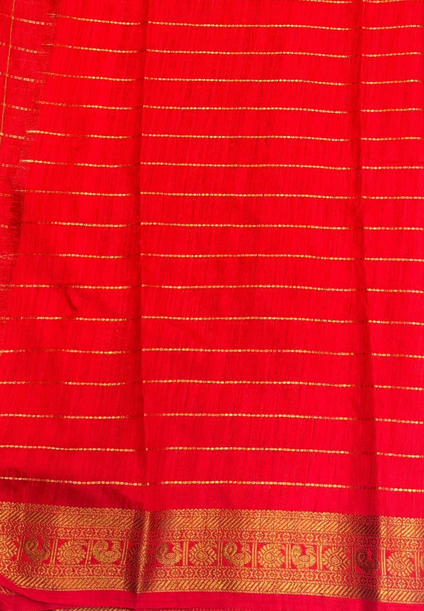 Semi Raw Silk Saree-Dark Green in Zari Lines with Contrast Annam Border