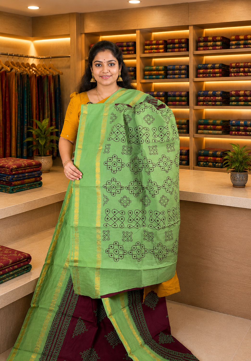 Sungudi Cotton Saree-Brown with Contrast Retapet Border in Kolam Pattern