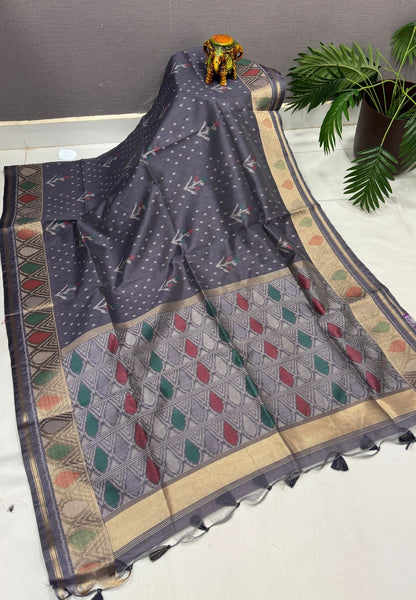 Semi Tussar Saree-Greyish Blue In Geometric Ikat Butta Zari Border