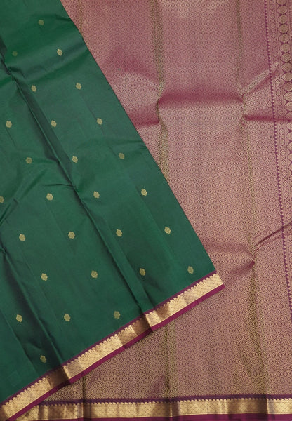 Pure Kanchipuram Silk Saree-Dark Green with Small Border