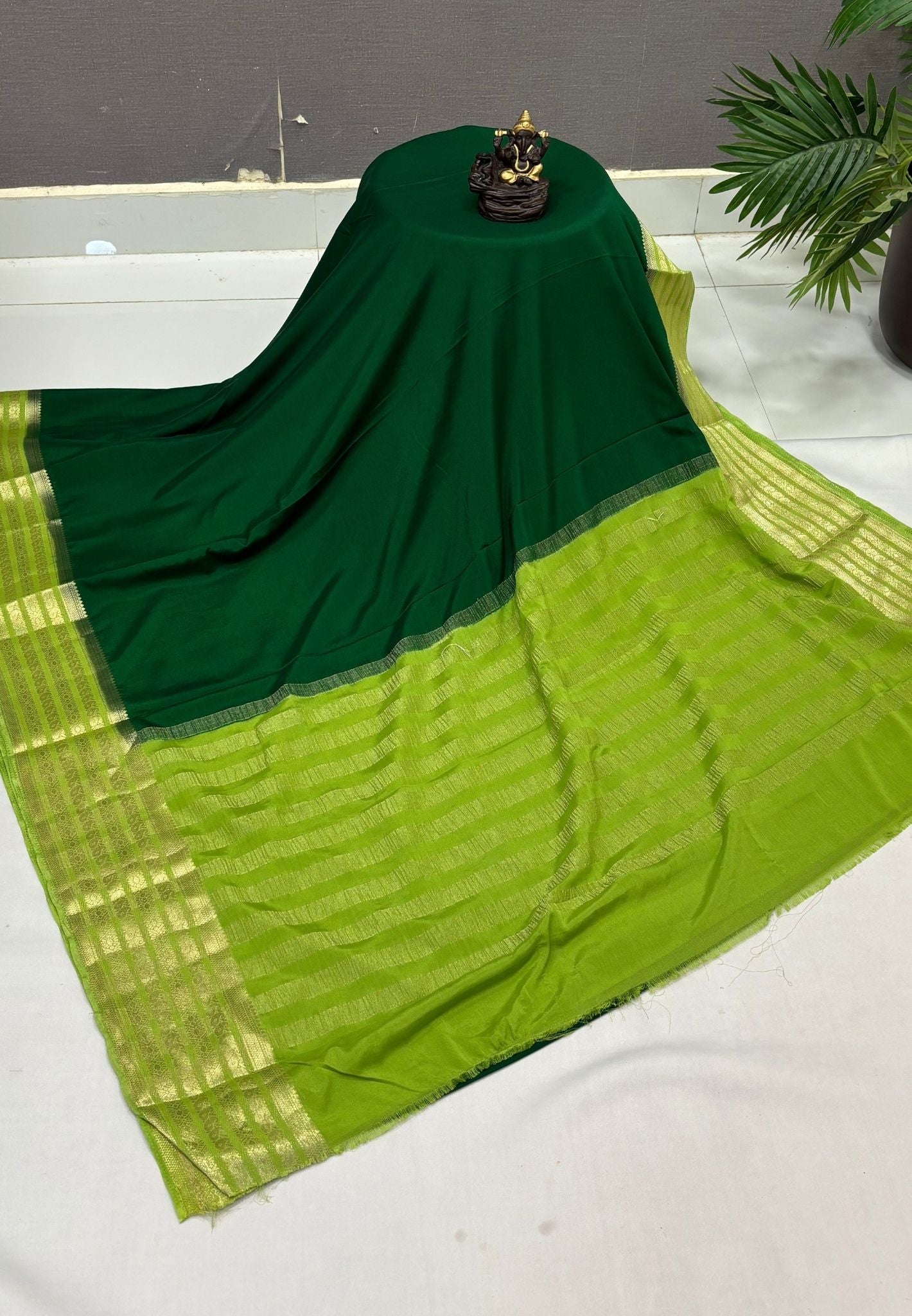 Mysore Crepe Silk Saree-Green With Contrast Border