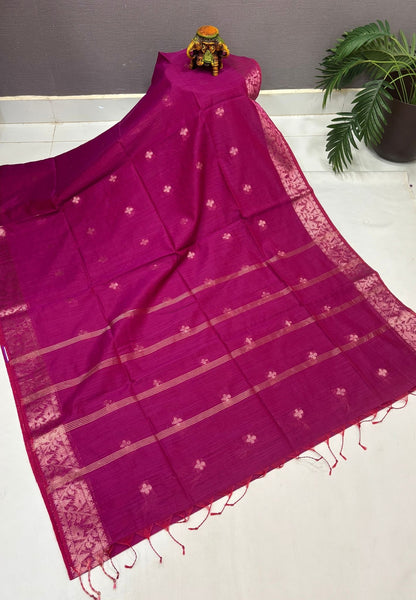 Handloom Silk Cotton Saree-Magenta. In Floral Butta Brocade Border