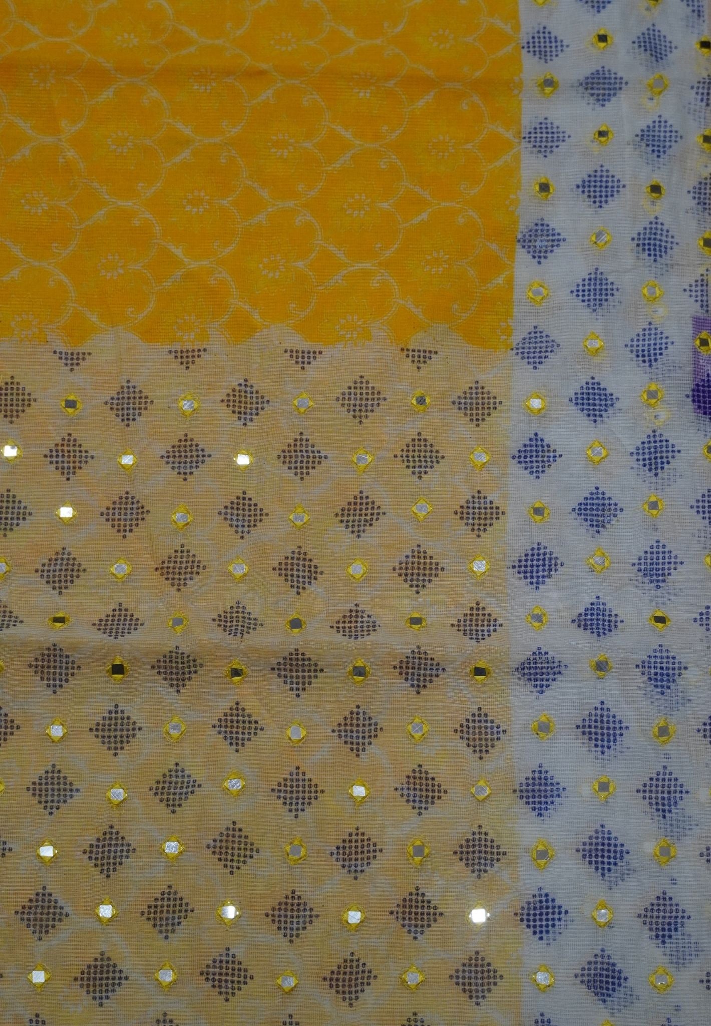 Supernet Kota Cotton Saree-Yellow with Mirror Work