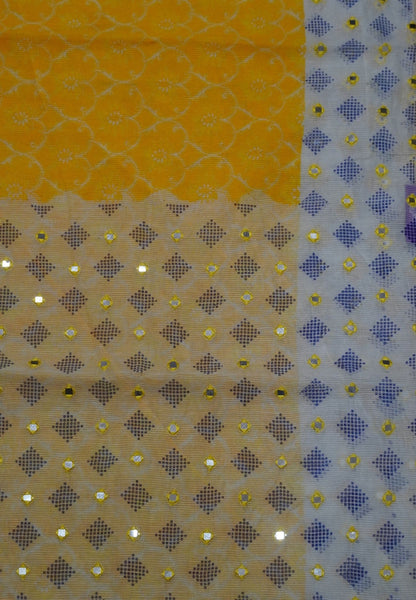 Supernet Kota Cotton Saree-Yellow with Mirror Work
