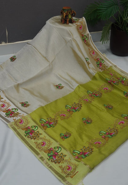 Pure Mangalgiri Silk Saree-Beige in Tanjore Print with Retapet Border