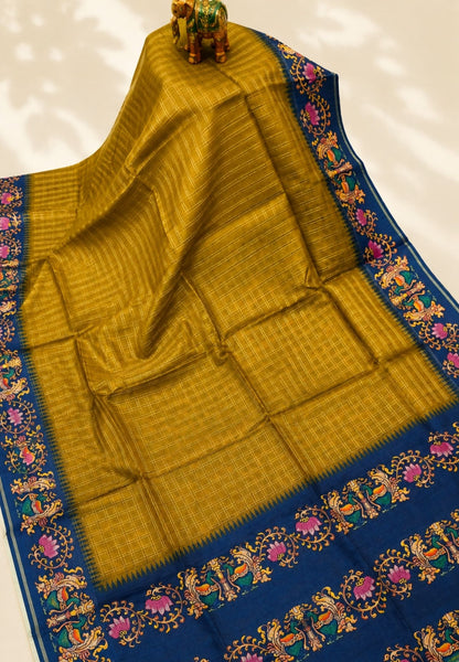 Premium Matka Tussar Saree-Mehandi Green with Contrast Border in Tanjore Print