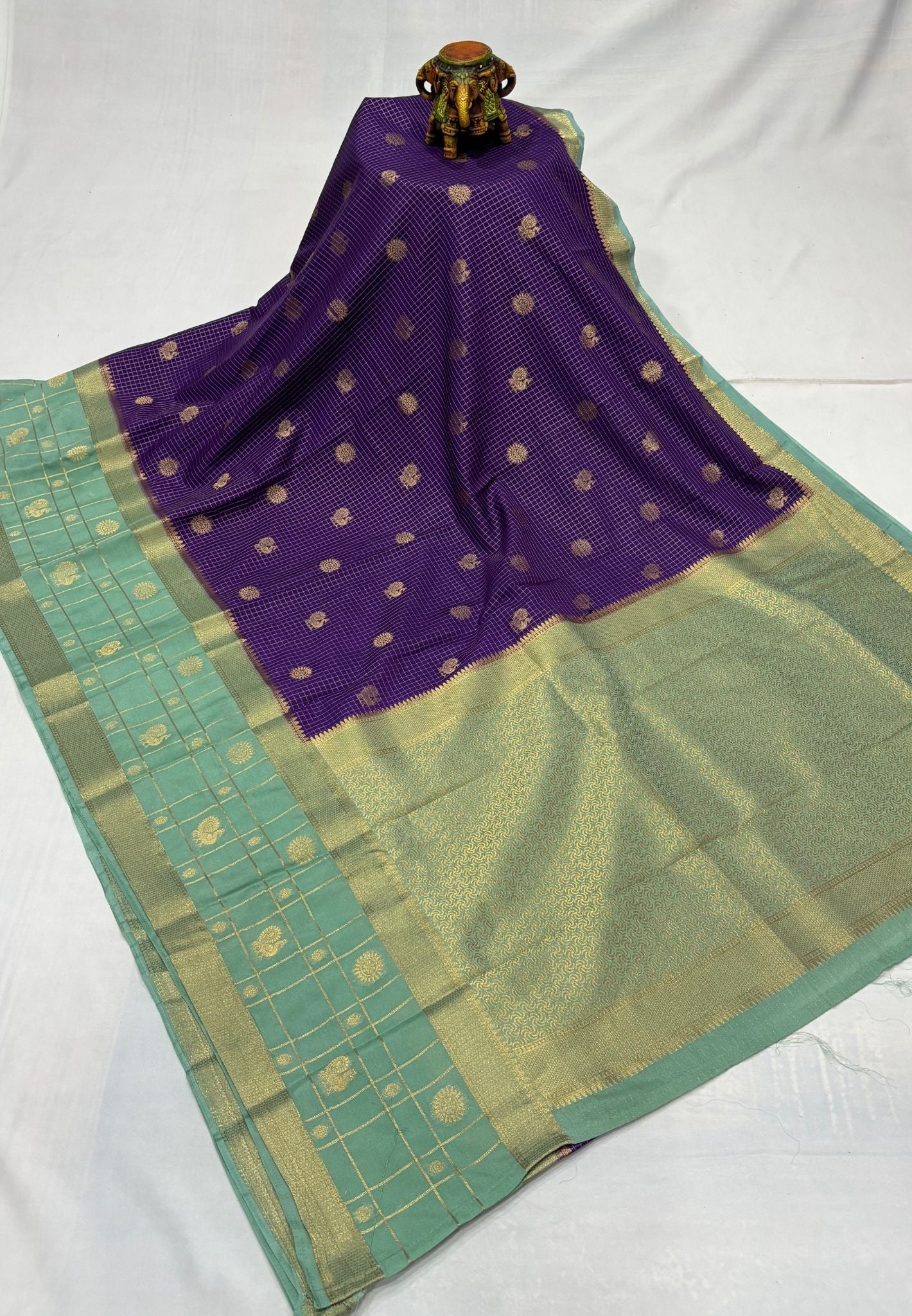 Art Mysore Silk Saree-Violet in Checkered Pattern with Contrast Border