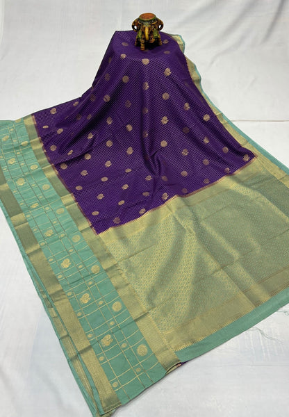 Art Mysore Silk Saree-Violet in Checkered Pattern with Contrast Border