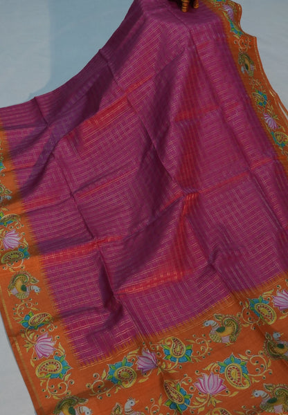 Premium Tussar Saree-Purple with Contrast Mayil Border
