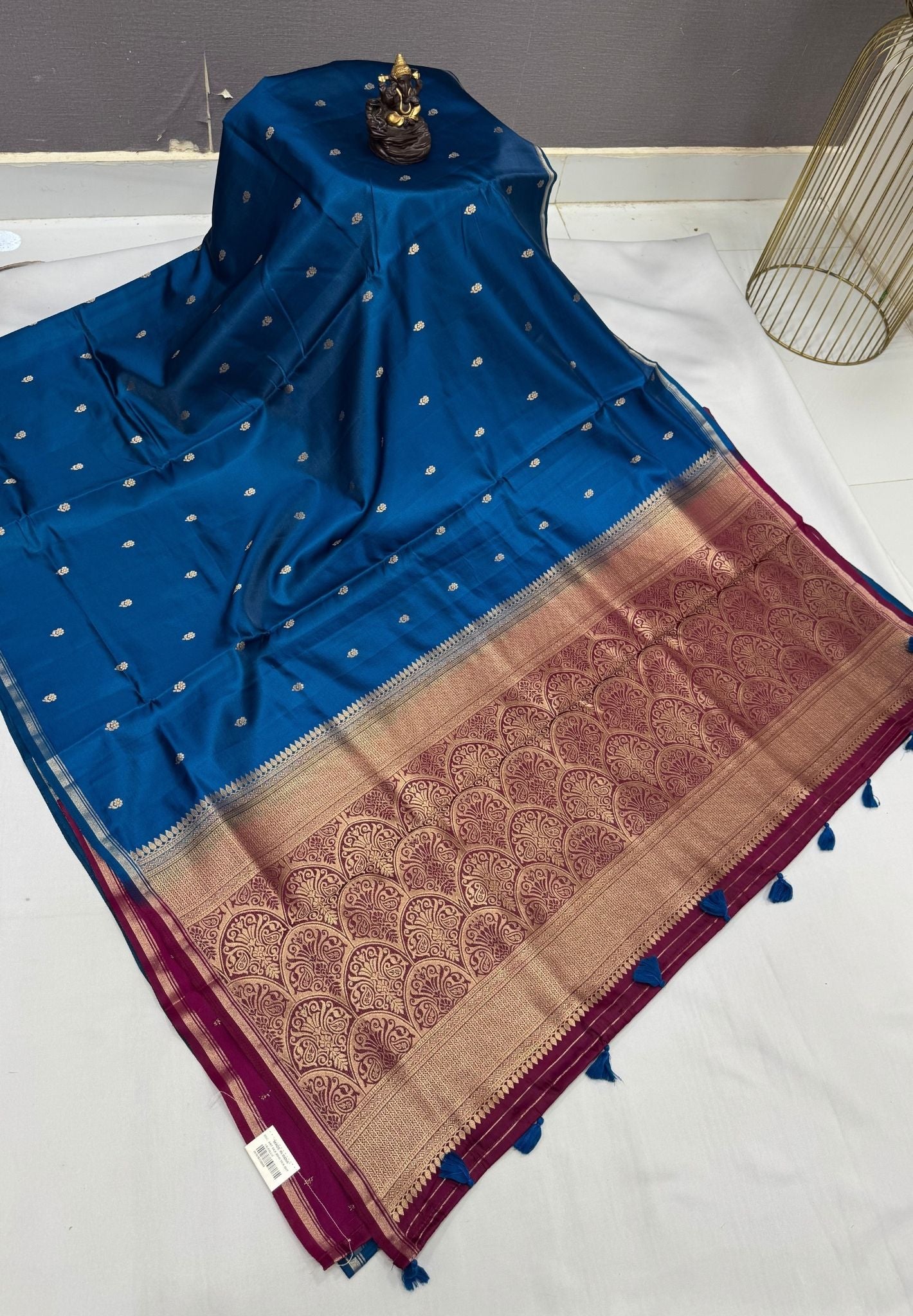 Gaji Silk Saree-Peacock Blue In Paisley Jaal Zari Border