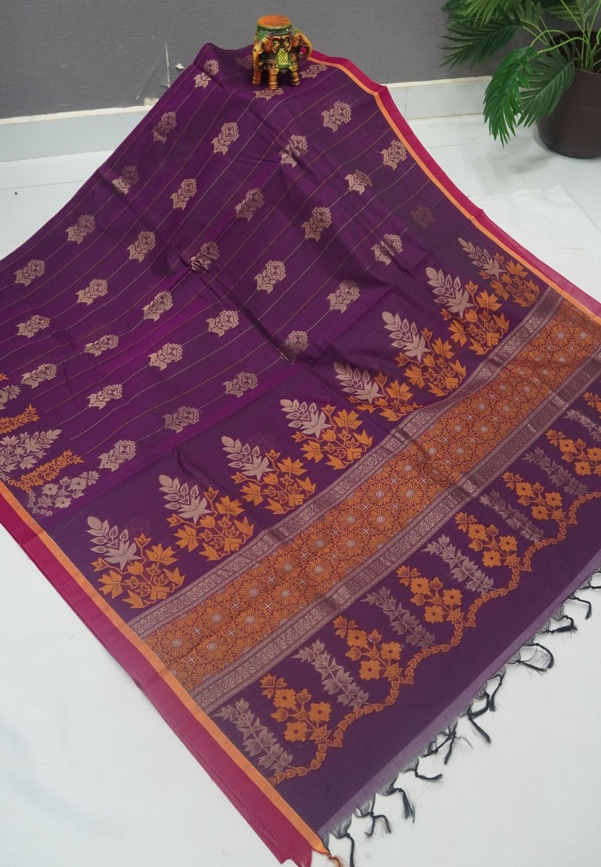 Cotton Saree-Wine in Thread Work