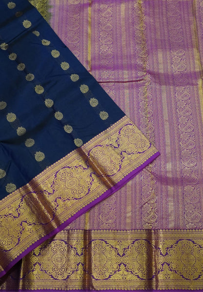 Pure Kanchipuram Silk Saree-Navy Blue-Magenta