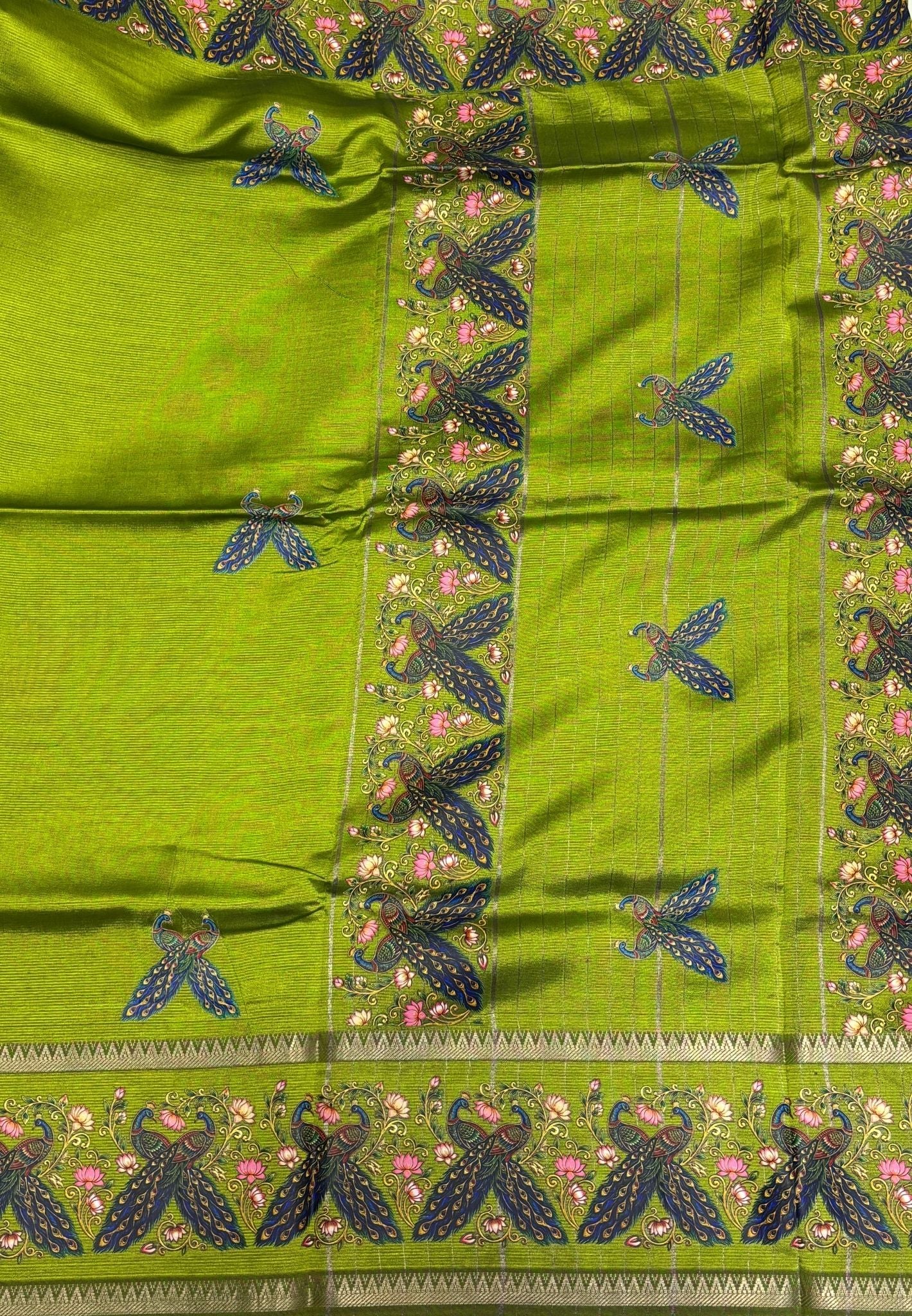 Pure Mangalgiri Silk Saree-Olive Green with Tanjore Print