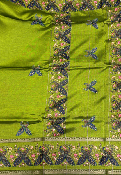Pure Mangalgiri Silk Saree-Olive Green with Tanjore Print