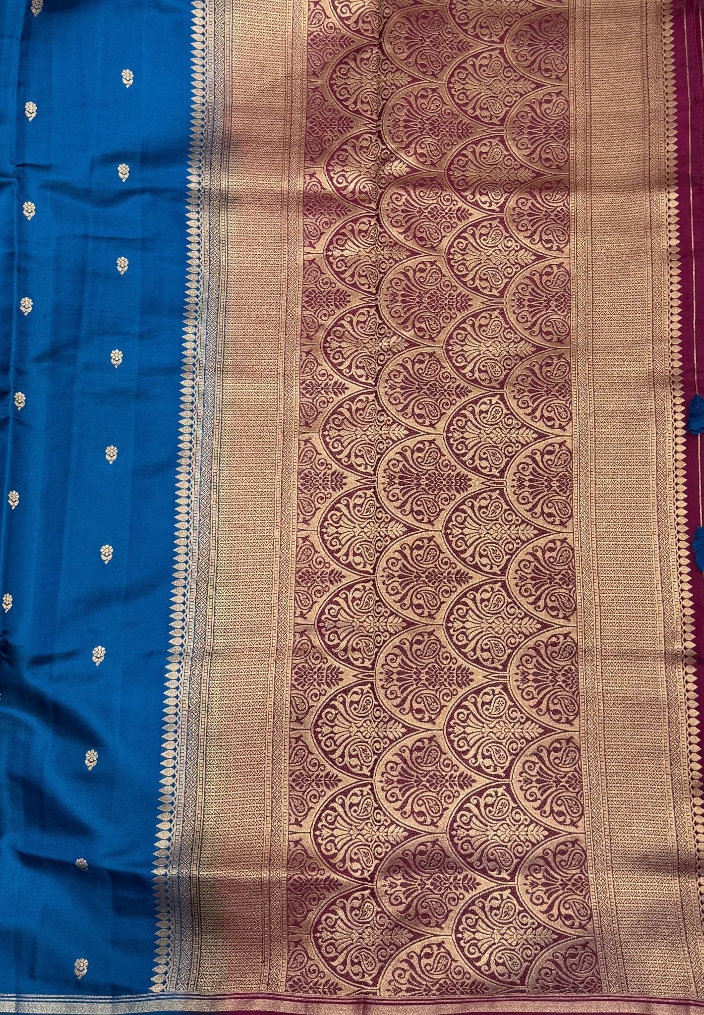 Gaji Silk Saree-Peacock Blue In Paisley Jaal Zari Border
