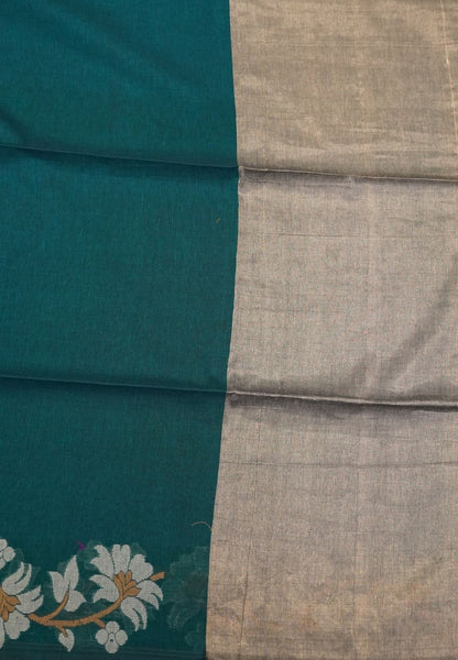 Handloom Cotton Saree-Peacock Green Lotus Jamdhani Border