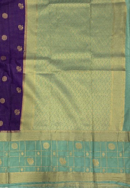 Art Mysore Silk Saree-Violet in Checkered Pattern with Contrast Border