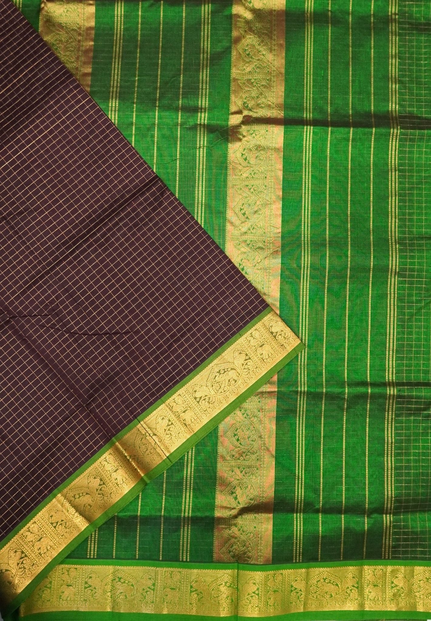 Pure Silk Cotton Saree-Coffee Brown in Mini Checks with Contrast Border