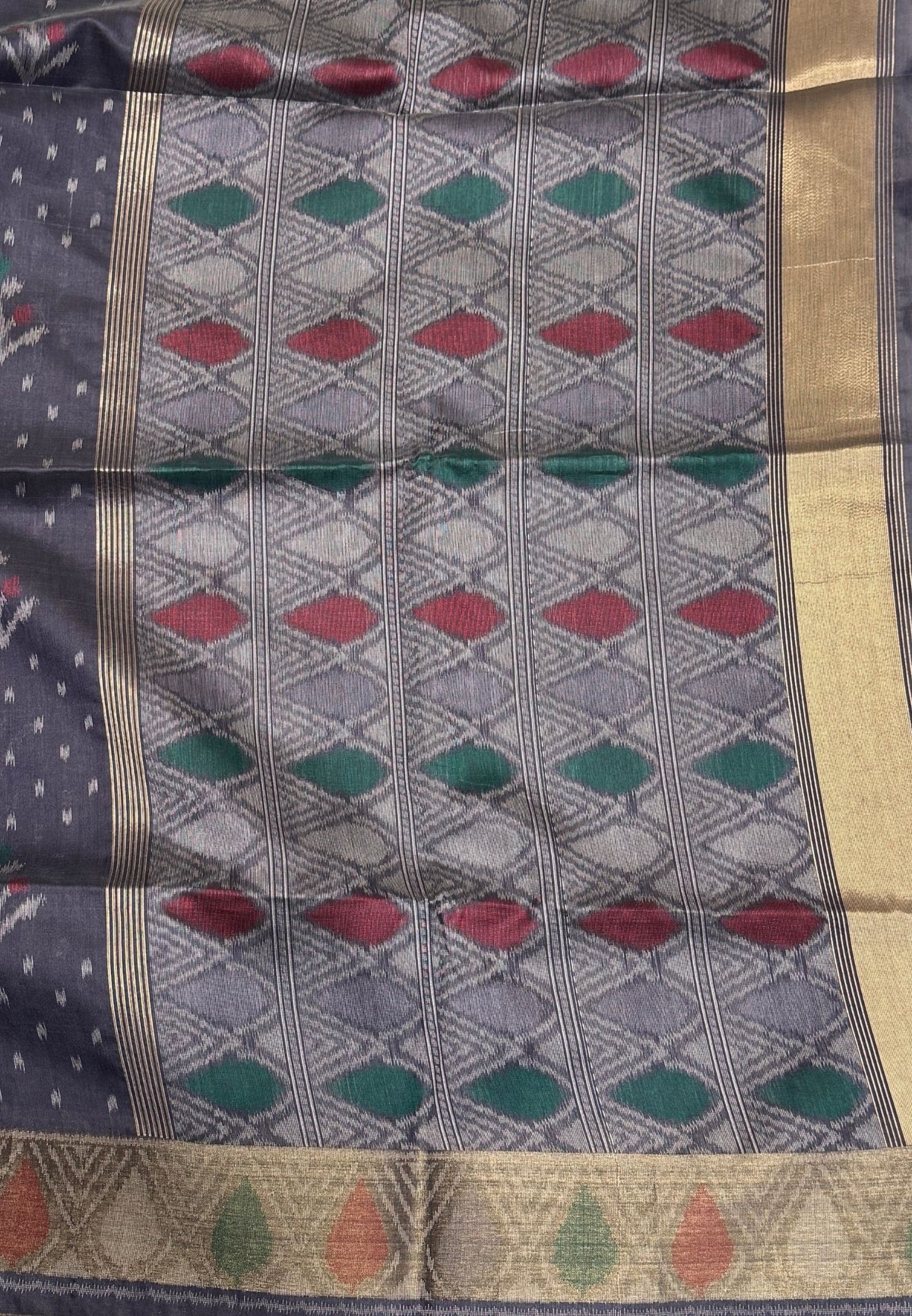 Semi Tussar Saree-Greyish Blue In Geometric Ikat Butta Zari Border