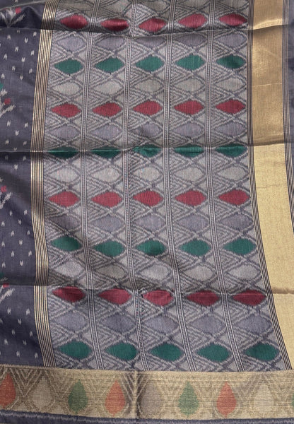 Semi Tussar Saree-Greyish Blue In Geometric Ikat Butta Zari Border