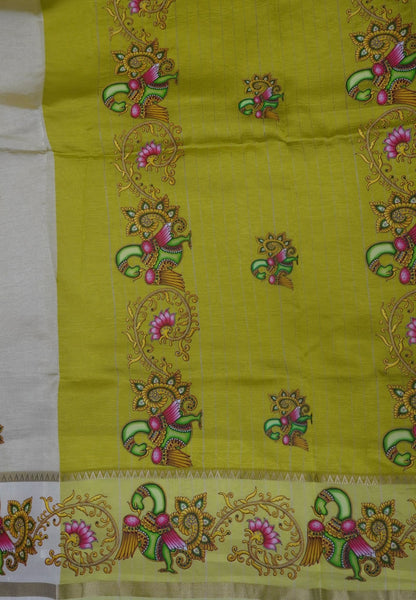 Pure Mangalgiri Silk Saree-Beige in Tanjore Print with Retapet Border
