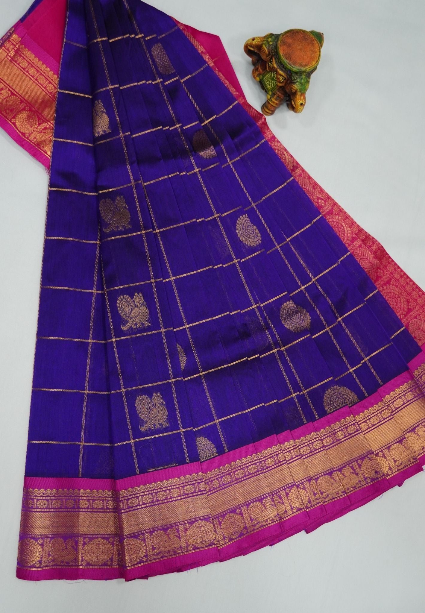 Pure Silk Cotton Saree-Purple Checks with Mayil Chakram Motifs