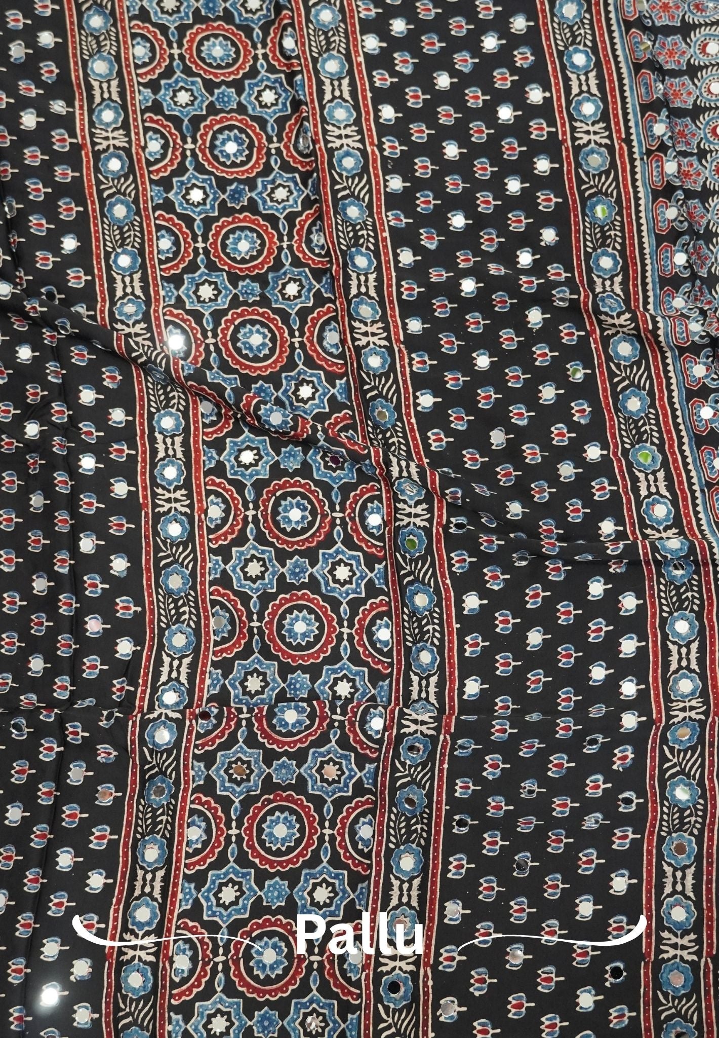 Pure Modal Silk Saree-Original Mirror Work &Traditional Printed Motifs - Black with blue
