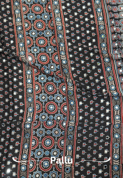Pure Modal Silk Saree-Original Mirror Work &Traditional Printed Motifs - Black with blue